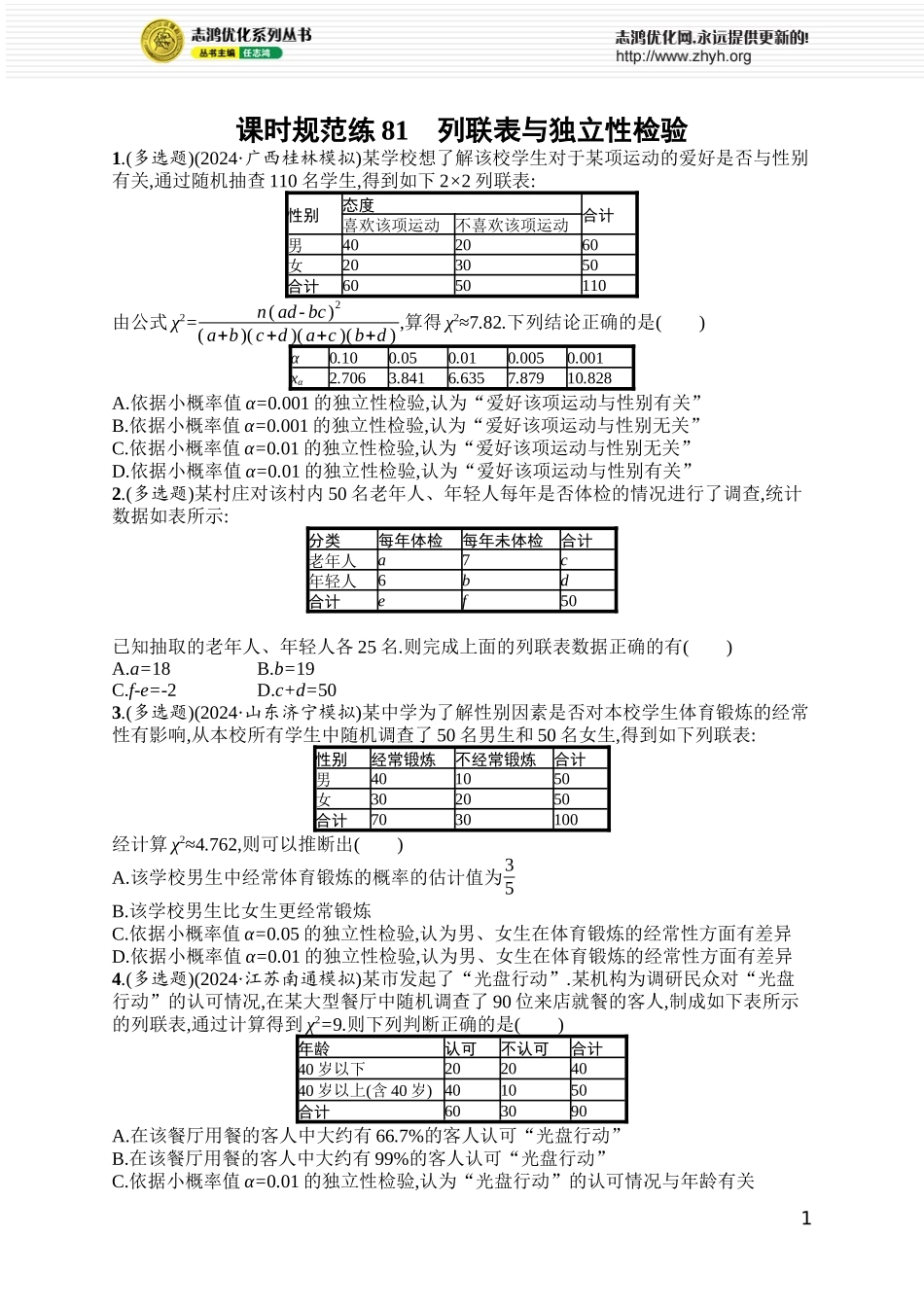 课时规范练81 列联表与独立性检验.docx_第1页