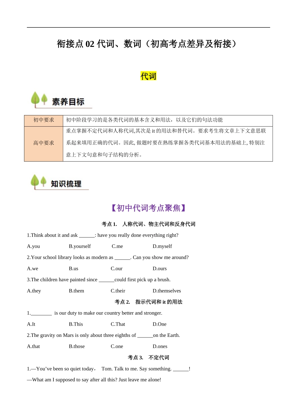 衔接点02 代词、数词（初高考点差异及衔接）（原卷版）.docx_第1页
