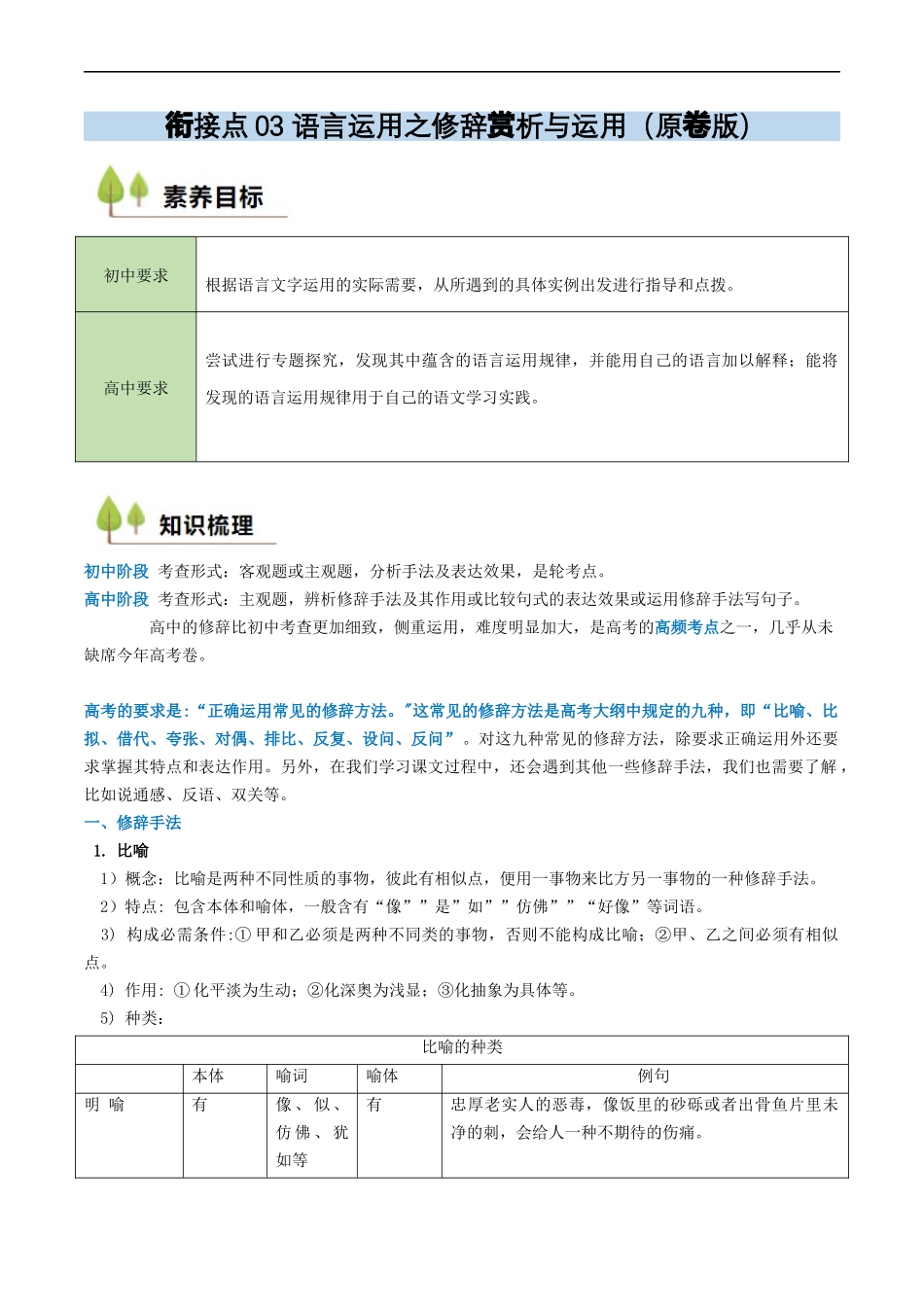 衔接点03 语言运用之修辞赏析与运用（原卷版）.docx_第1页