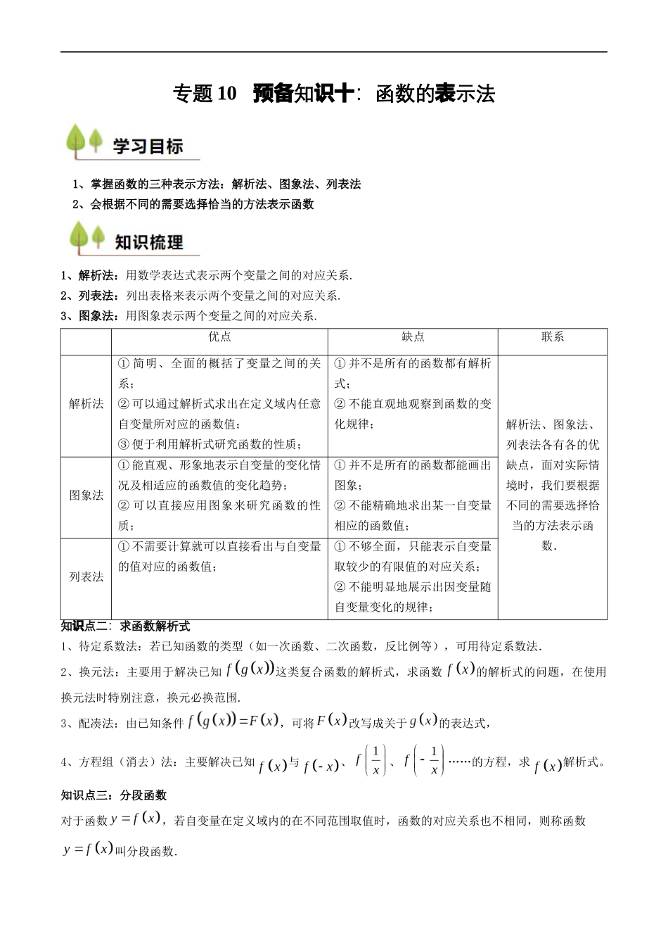 预备知识10 函数的表示法 （解析版）.docx_第1页