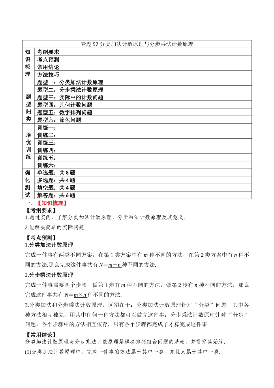 专题57 分类加法计数原理与分步乘法计数原理-2024年新高考数学一轮复习讲义之题型归类与强化测试（解析版）.docx_第1页