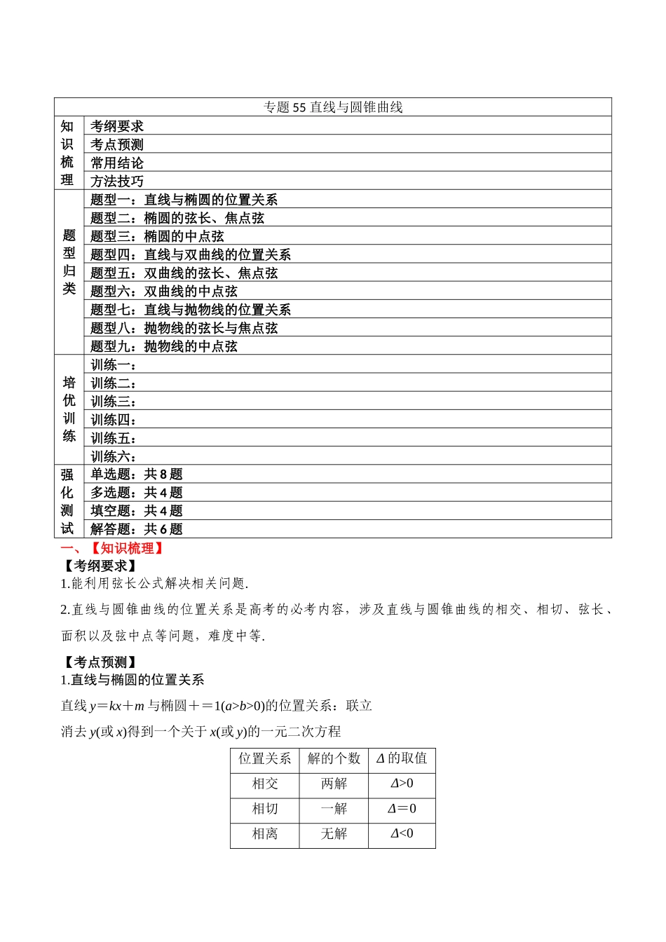 专题55 直线与圆锥曲线-2024年新高考数学一轮复习讲义之题型归类与强化测试（原卷版）.docx_第1页