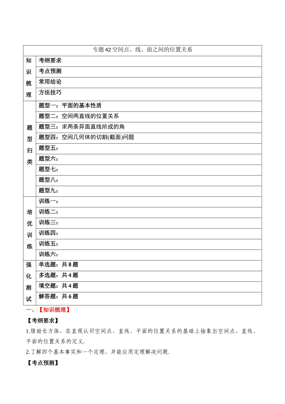 专题42 空间点、线、面之间的位置关系（原卷版）.docx_第1页