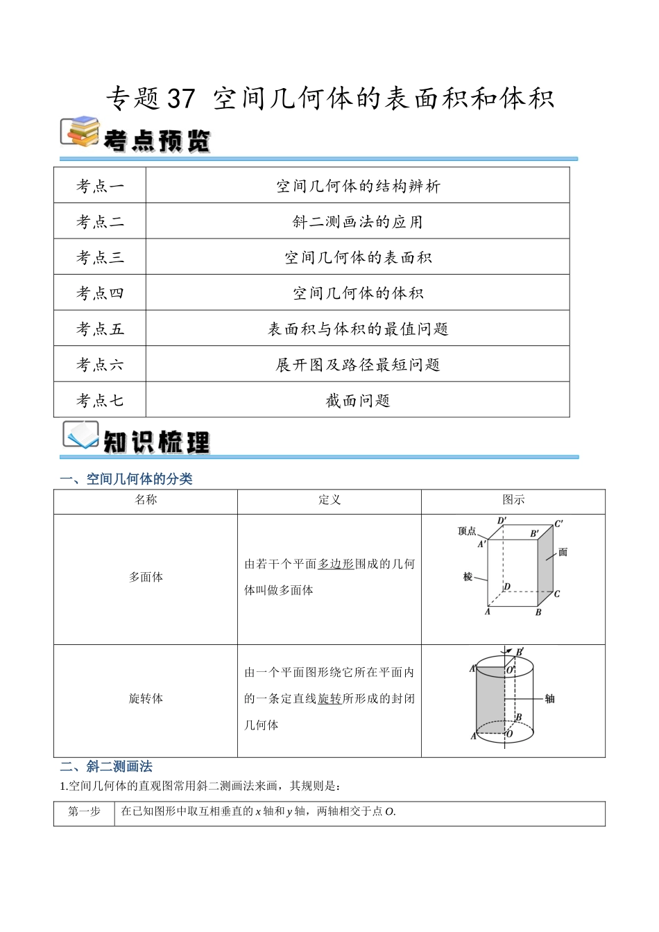 专题37 空间几何体的表面积和体积（讲义）（解析版）.docx_第1页