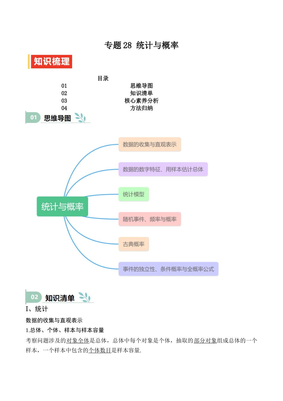 专题28 统计与概率（思维导图+知识清单+核心素养分析+方法归纳）.docx_第1页