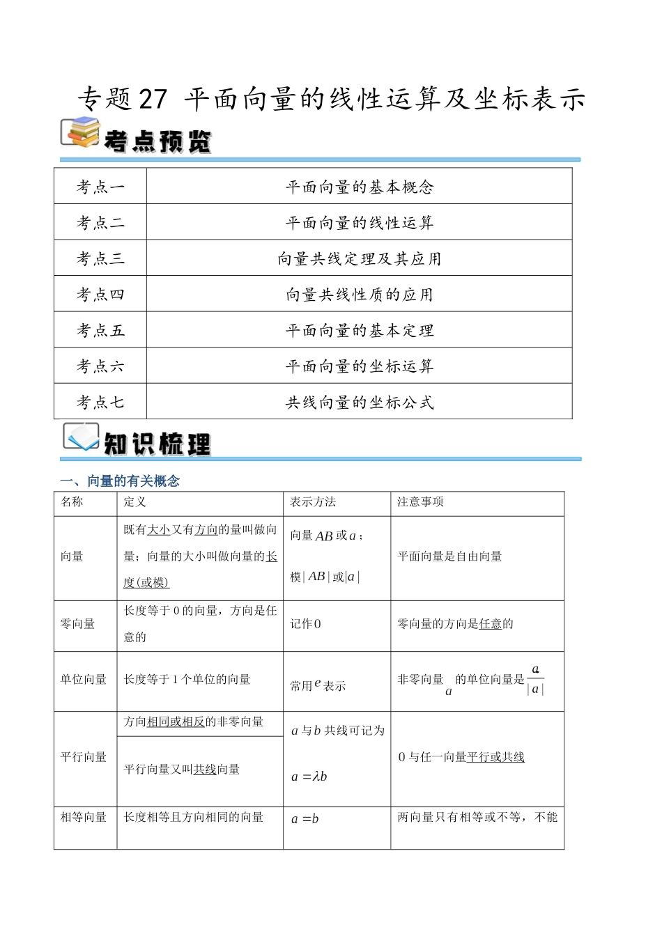 专题27 平面向量的线性运算及坐标表示（讲义）（解析版）.docx_第1页