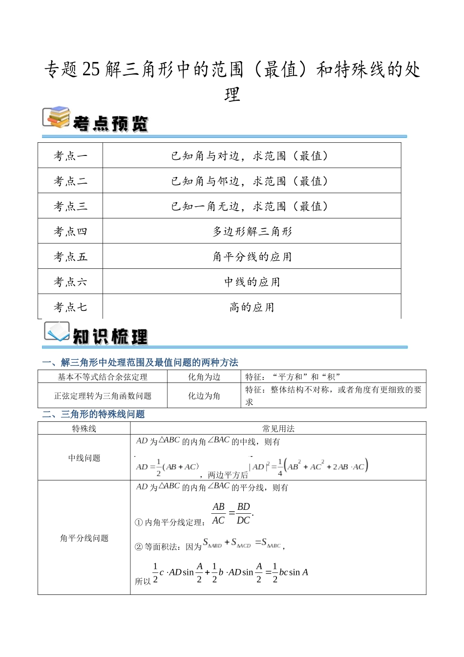 专题25 解三角形中的范围（最值）和特殊线的处理（讲义）（解析版）.docx_第1页
