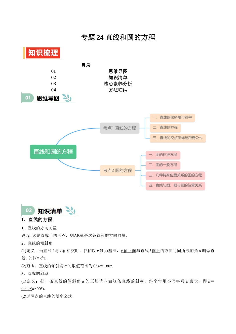 专题24 直线和圆的方程（思维导图+知识清单+核心素养分析+方法归纳）.docx_第1页