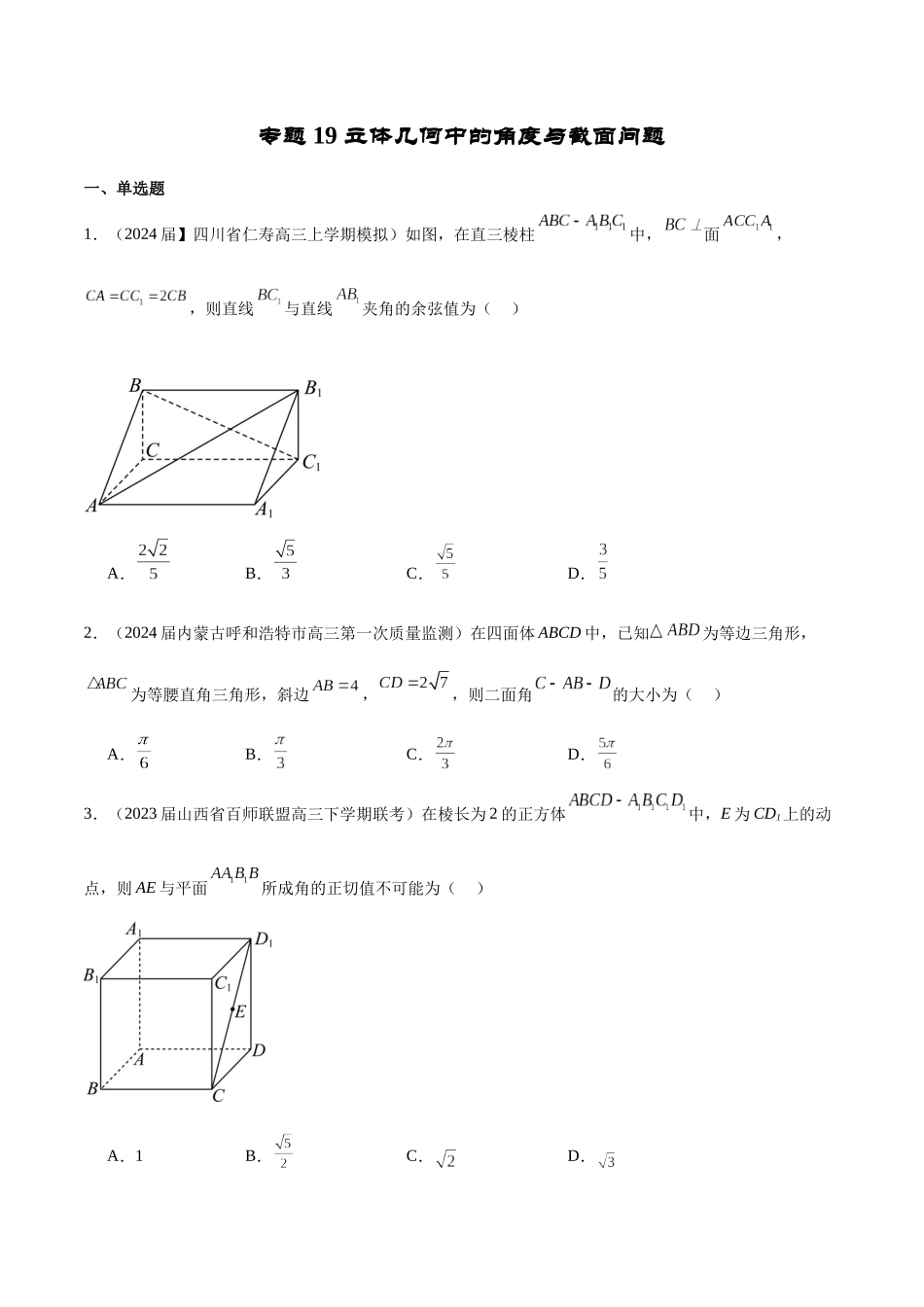 专题19 立体几何客观题中的角度与截面问题（原卷版）.docx_第1页