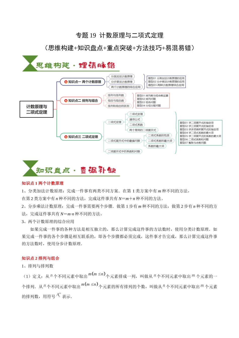 专题19 计数原理与二项式定理（3知识点+4重难点+7方法技巧+4易错易混）（教师版）.docx_第1页