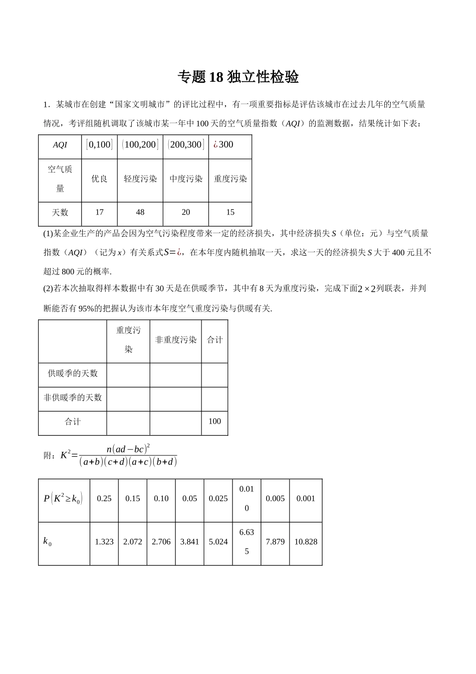 专题18 独立性检验（原卷）.docx_第1页