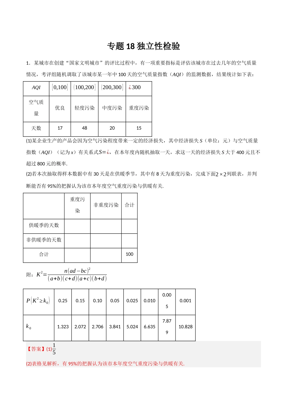 专题18 独立性检验（解析）.docx_第1页