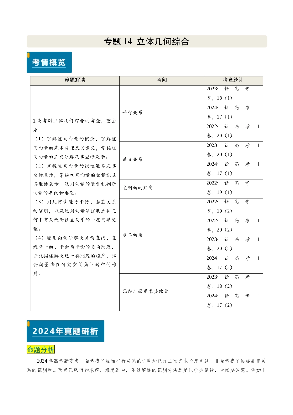 专题14 立体几何综合（5大考向真题解读）（新高考卷）学生版.docx_第1页