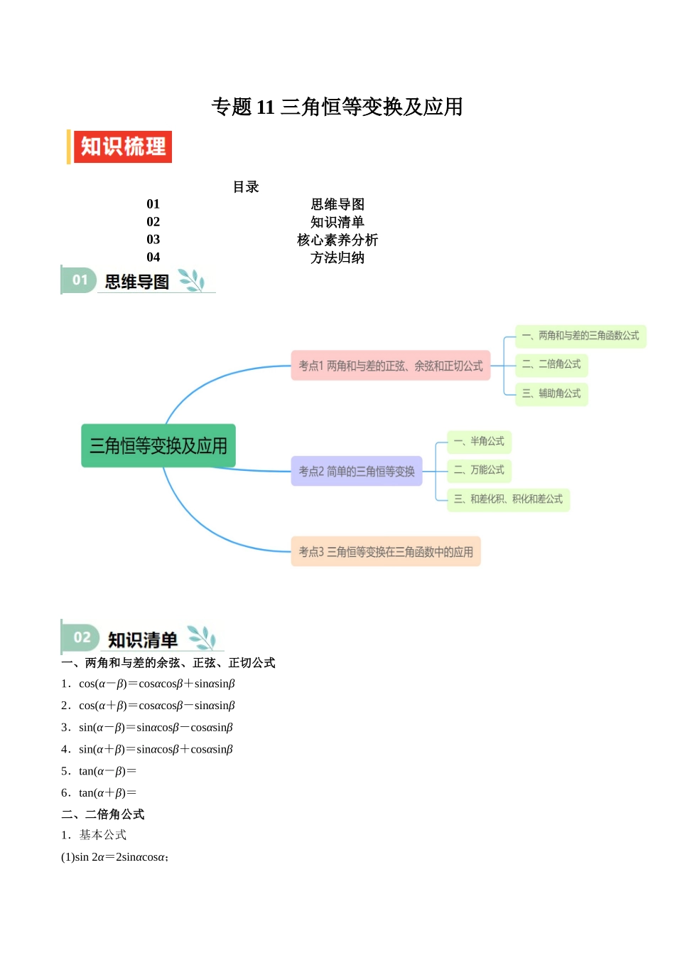 专题11 三角恒等变换及应用（思维导图+知识清单+核心素养分析+方法归纳）.docx_第1页