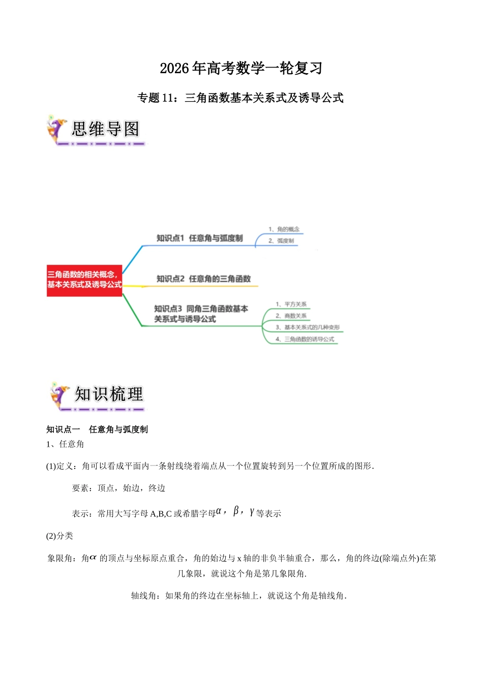 专题11 三角函数基本关系及诱导公式（学生版）.docx_第1页