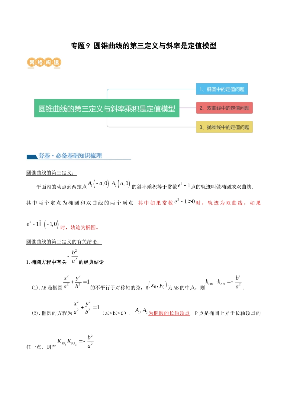 专题09 圆锥曲线的第三定义与斜率乘积是定值模型（讲义）原卷版.docx_第1页