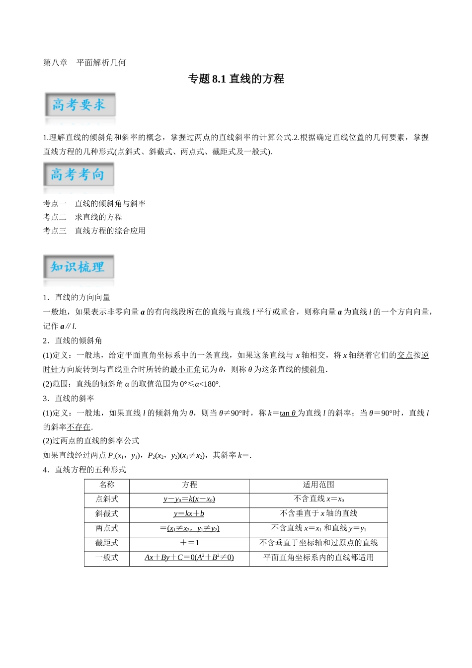 专题8.1 直线的方程（讲+练）（原卷版）.docx_第1页