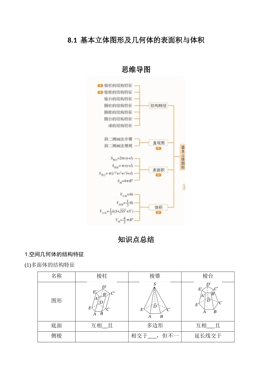 专题8.1 基本立体图形及几何体的表面积与体积(原卷版).docx_第1页