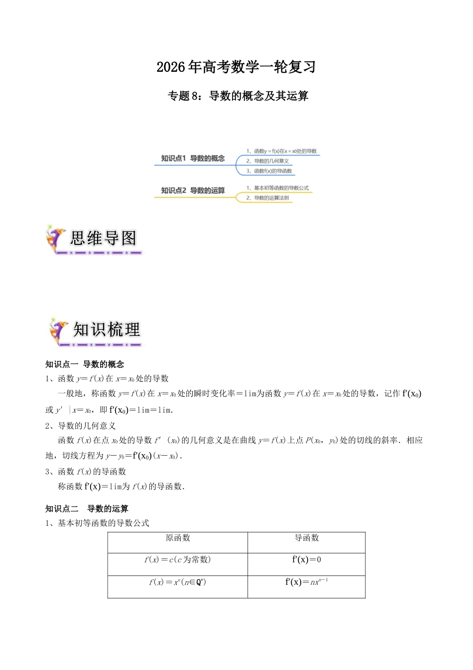专题8  导数的概念及其运算（教师版）.docx_第1页