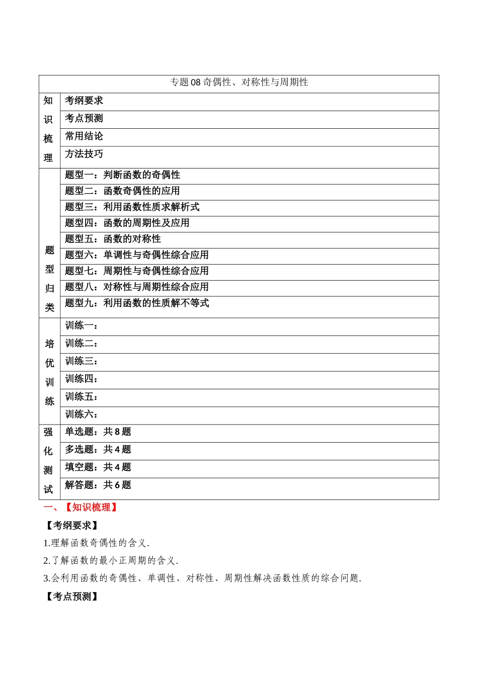 专题08 奇偶性、对称性与周期性（原卷版）.docx_第1页