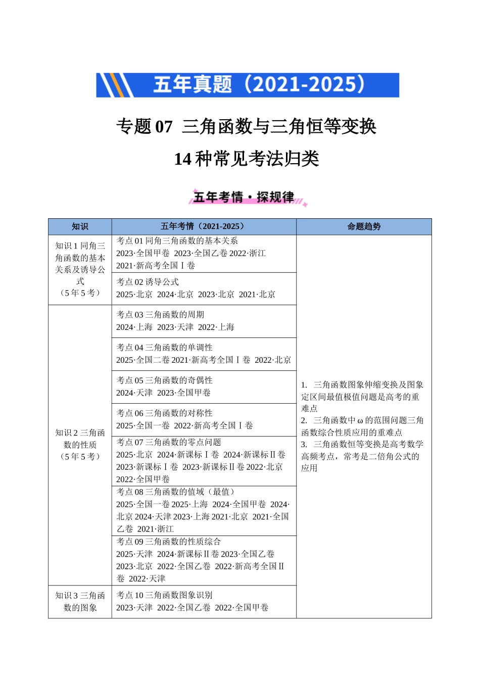 专题07 三角函数与三角恒等变换14种常见考法归类（全国通用）（学生版）.docx_第1页