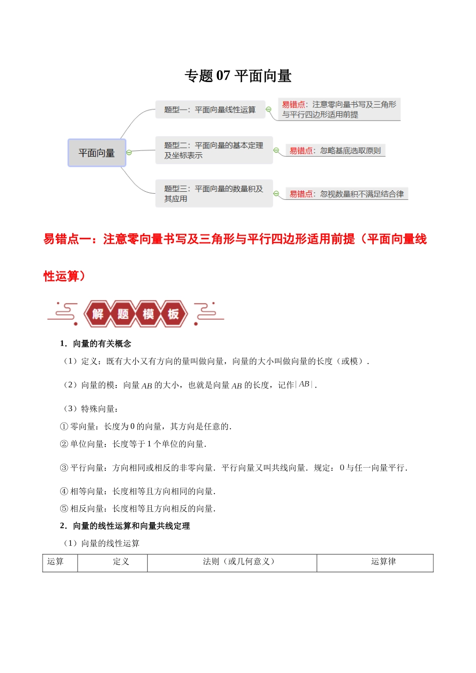 专题07 平面向量（3大易错点分析+解题模板+举一反三+易错题通关）-备战2024年高考数学考试易错题（新高考专用）（原卷版）.docx_第1页