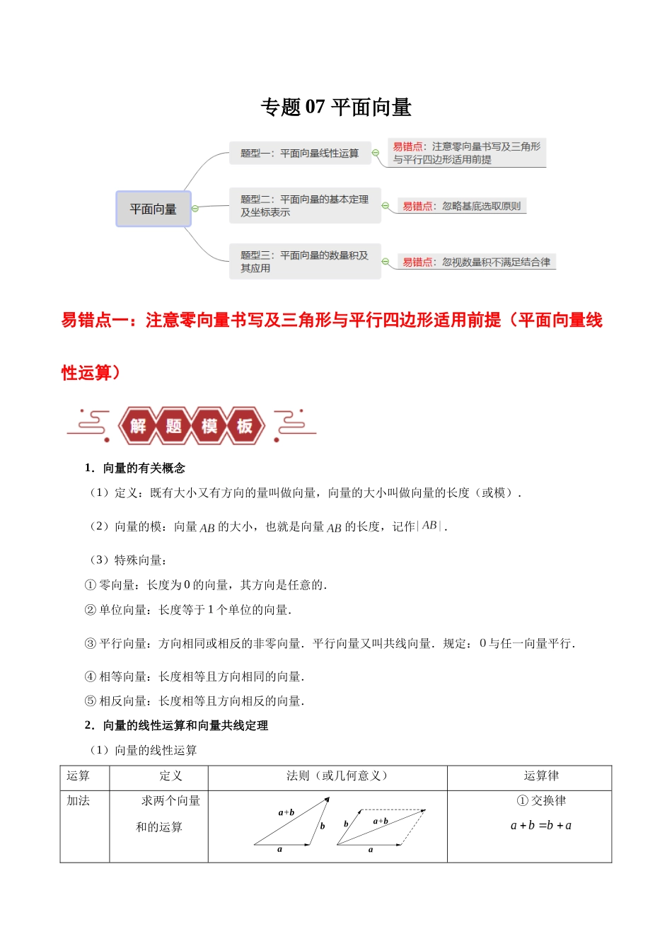 专题07 平面向量（3大易错点分析+解题模板+举一反三+易错题通关）-备战2024年高考数学考试易错题（新高考专用）（解析版）.docx_第1页