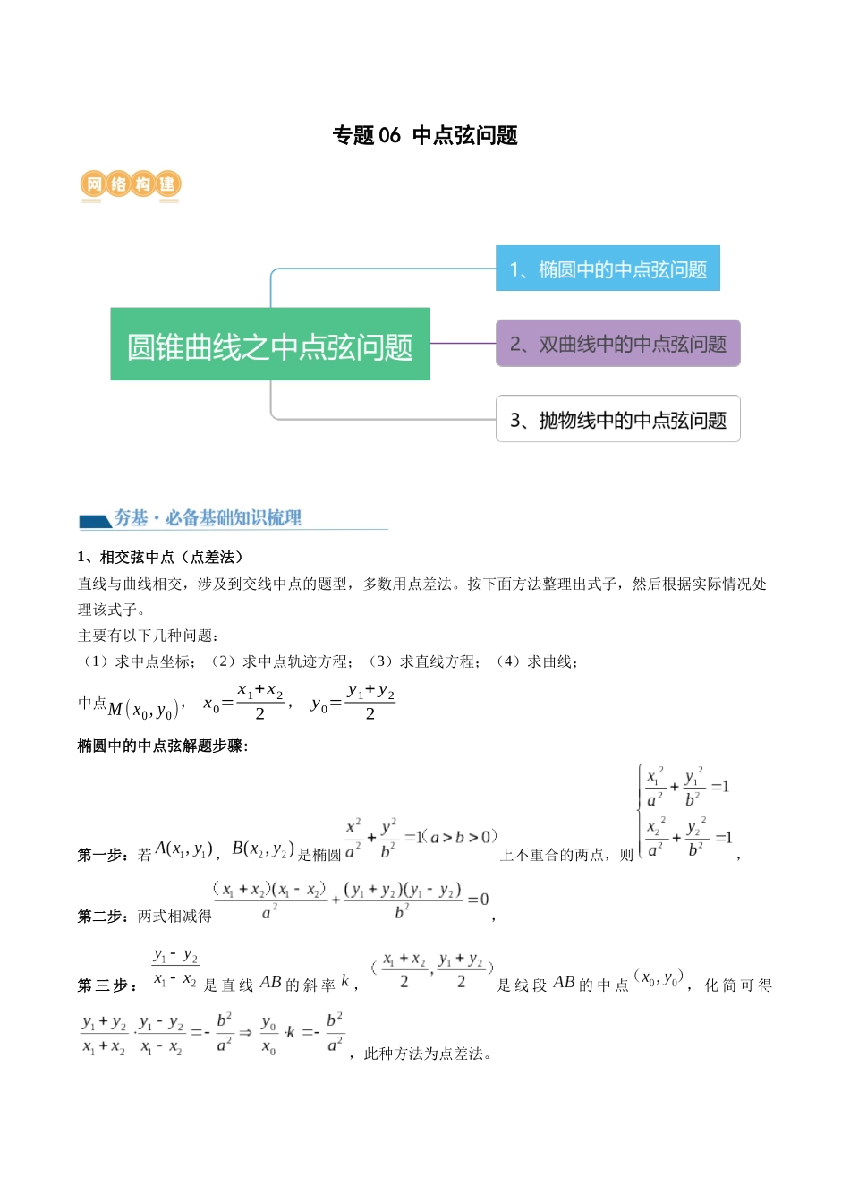 专题06 中点弦问题（设而不求与点差法）（讲义）（教师版）.docx_第1页