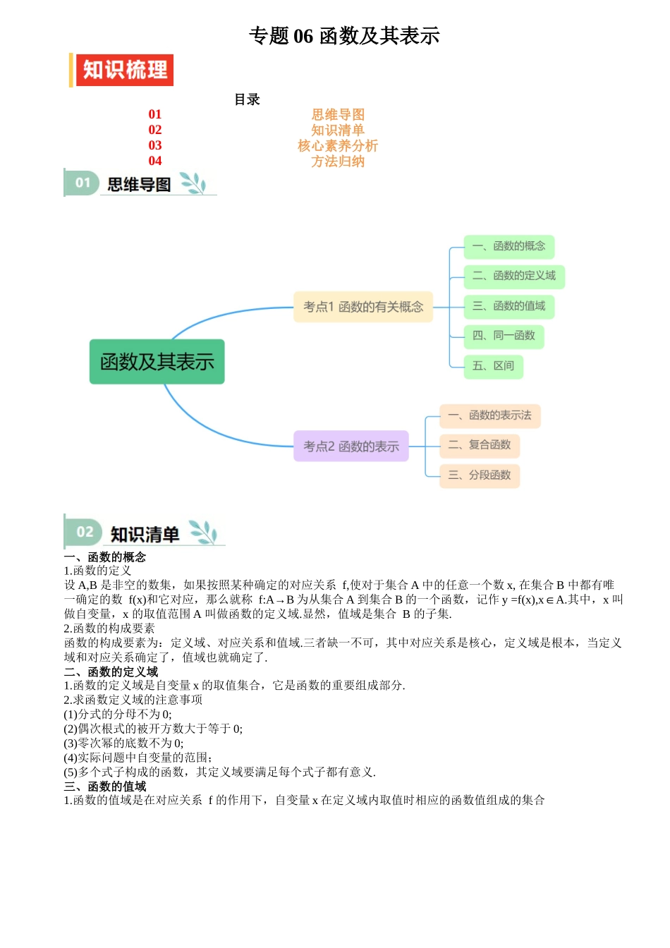 专题06 函数及其表示（思维导图+知识清单+核心素养分析+方法归纳）（学生版）.docx_第1页