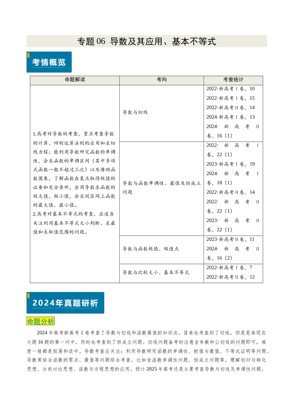 专题06 导数及其应用、基本不等式（4大考向真题解读）（新高考卷）学生版.docx_第1页