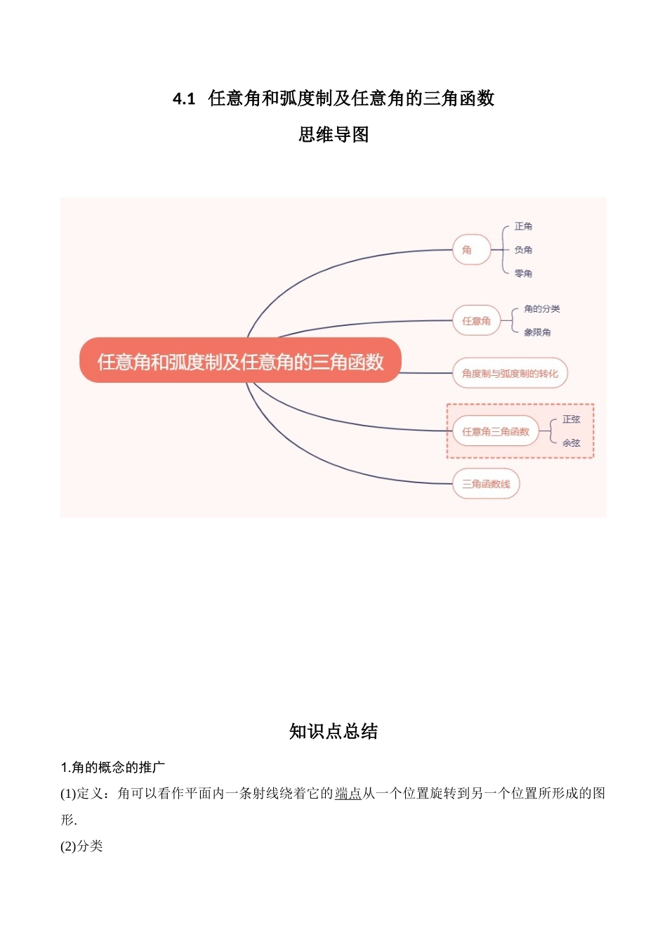专题4.1 任意角和弧度制及任意角的三角函数(原卷版).docx_第1页