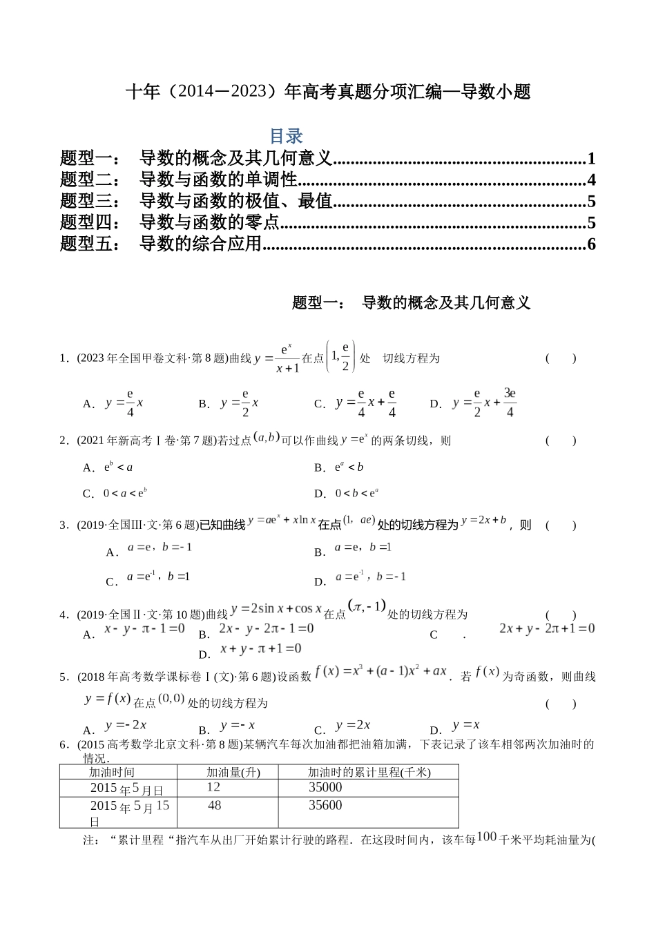 专题4  导数小题（文科）（学生版） .docx_第1页