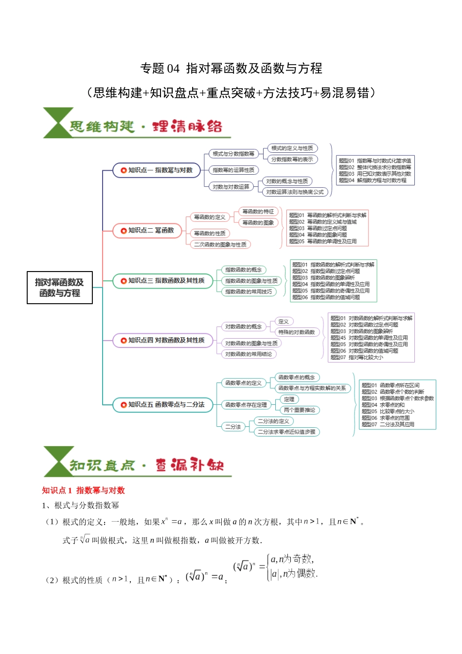 专题04 指对幂函数及函数与方程（5知识点+4重难点+7技巧+4易错）（教师版）.docx_第1页