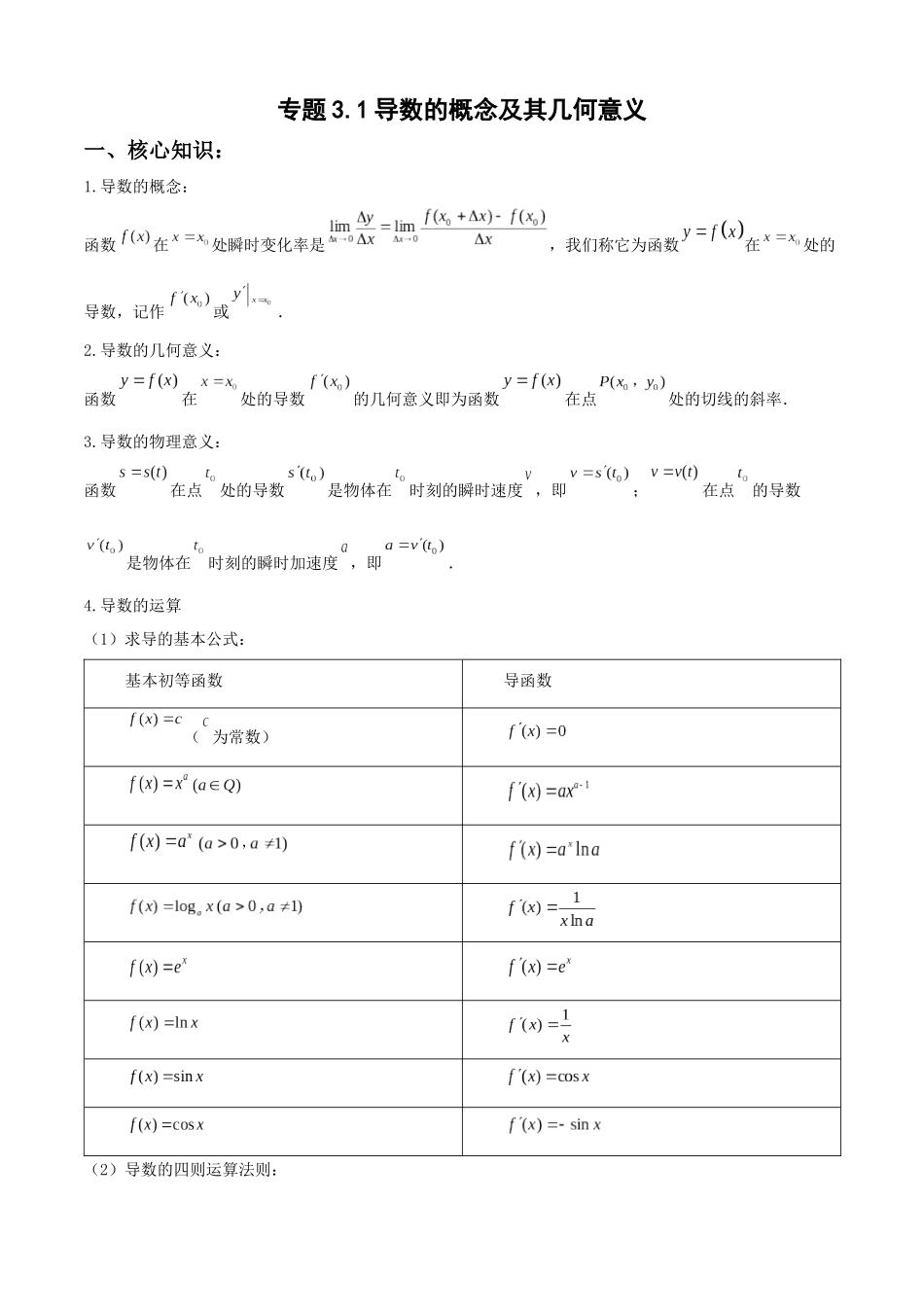 专题3.1 导数的概念及其几何意义（教师版）.docx_第1页