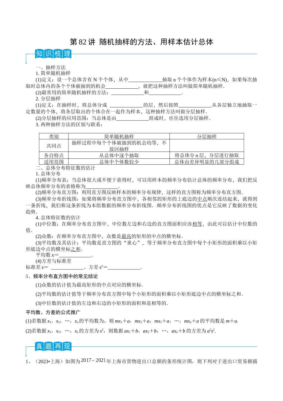 第82讲 随机抽样的方法、用样本估计总体（原卷版）.docx_第1页