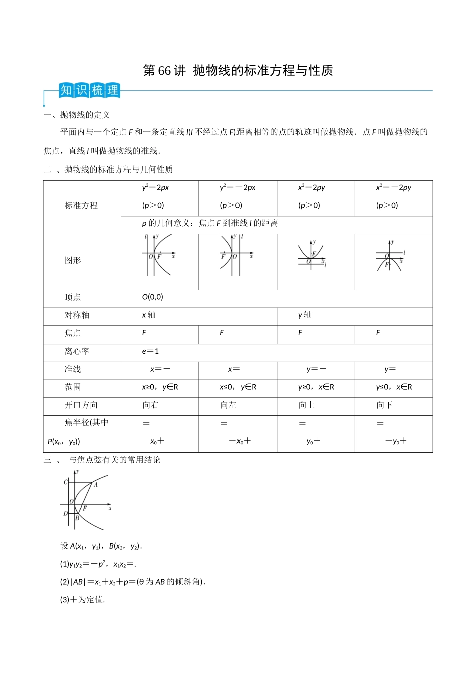 第66讲 抛物线的标准方程与性质(解析版).docx_第1页