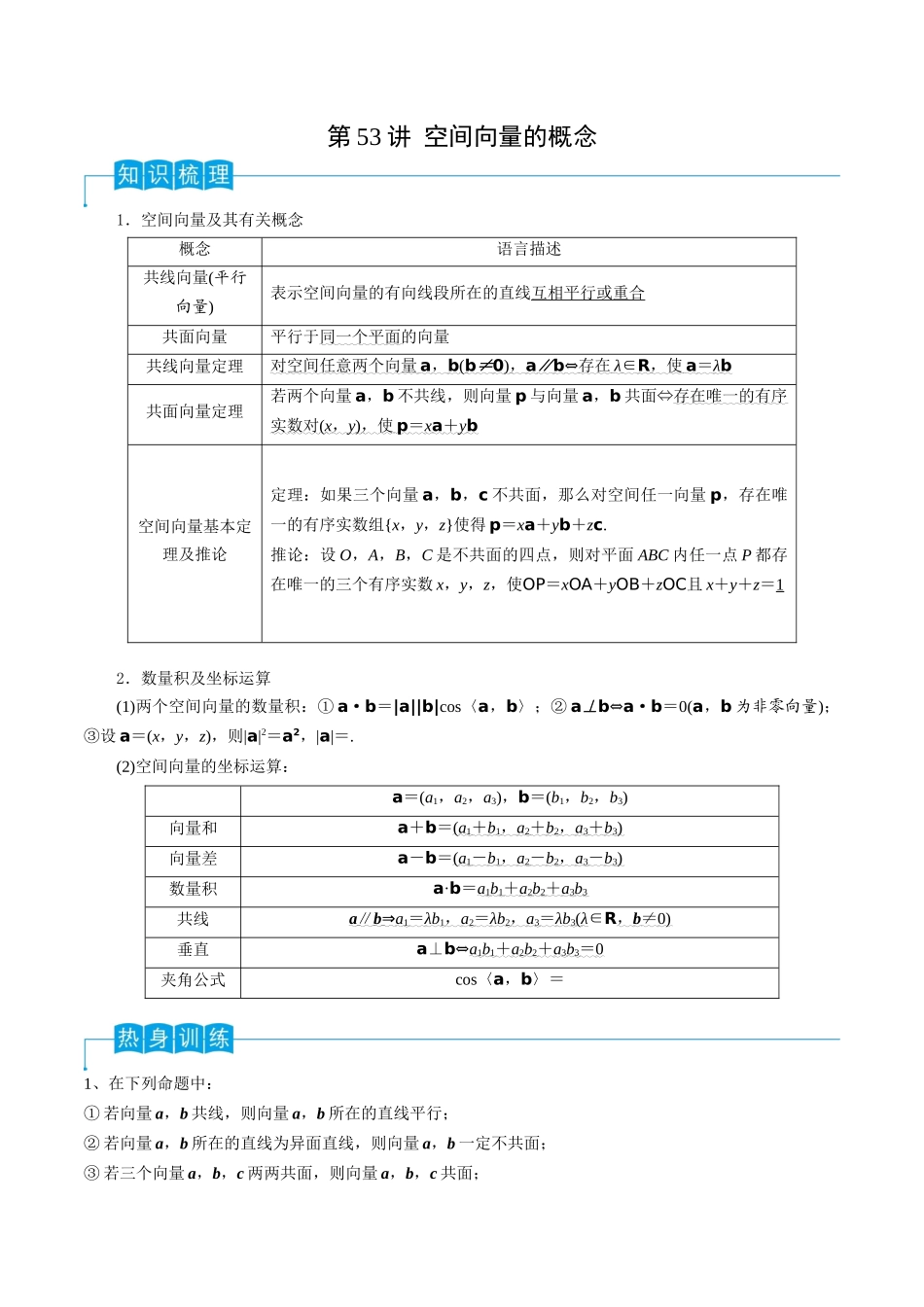 第53讲 空间向量的概念(解析版).docx_第1页