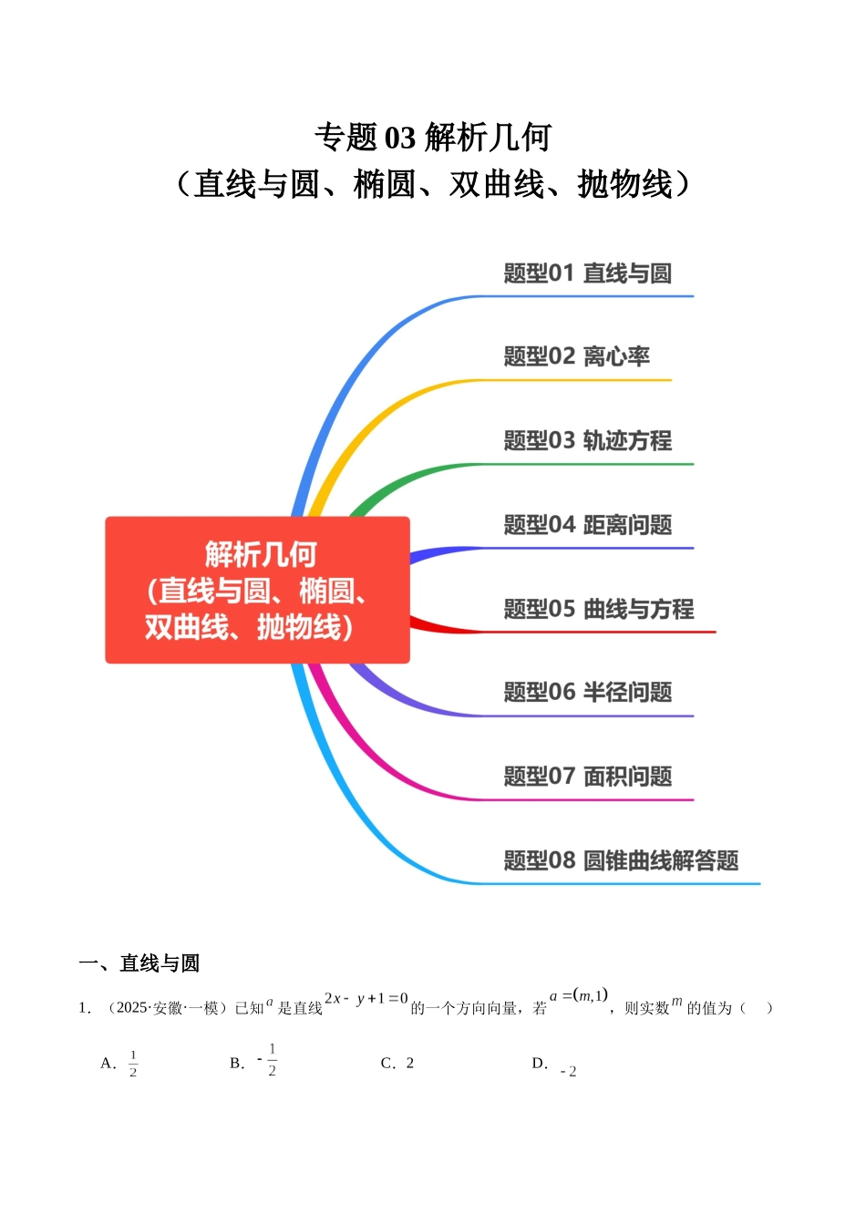 专题03 解析几何（直线与圆、椭圆、双曲线、抛物线）（八大题型）（教师版）.docx_第1页