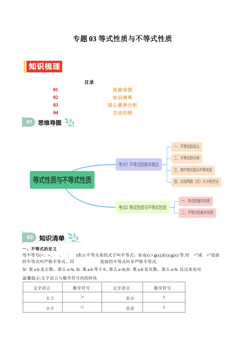 专题03 等式性质与不等式性质（思维导图+知识清单+核心素养分析+方法归纳）.docx_第1页