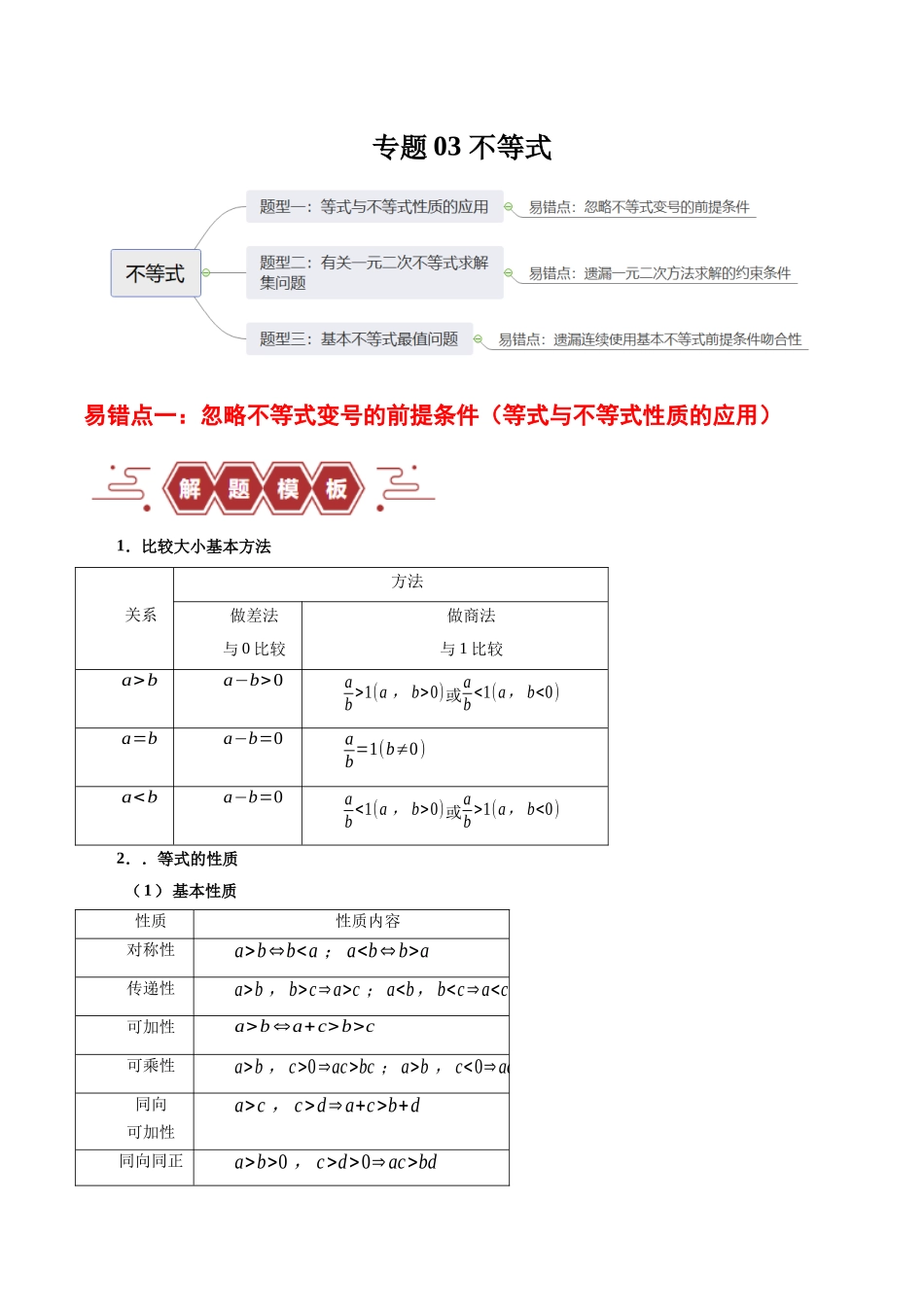 专题03 不等式（3大易错点分析+解题模板+举一反三+易错题通关）-备战2024年高考数学考试易错题（新高考专用）（解析版）.docx_第1页