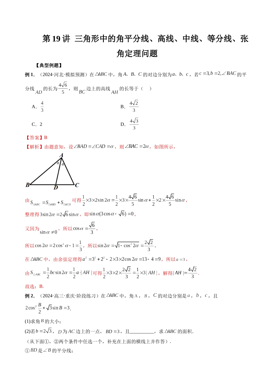第19讲 三角形中的角平分线、高线、中线、等分线、张角定理问题（解析版）.docx_第1页