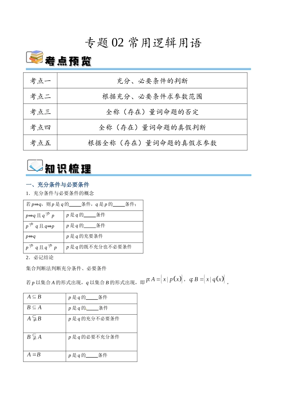 专题02 常用逻辑用语（讲义）（原卷版）.docx_第1页
