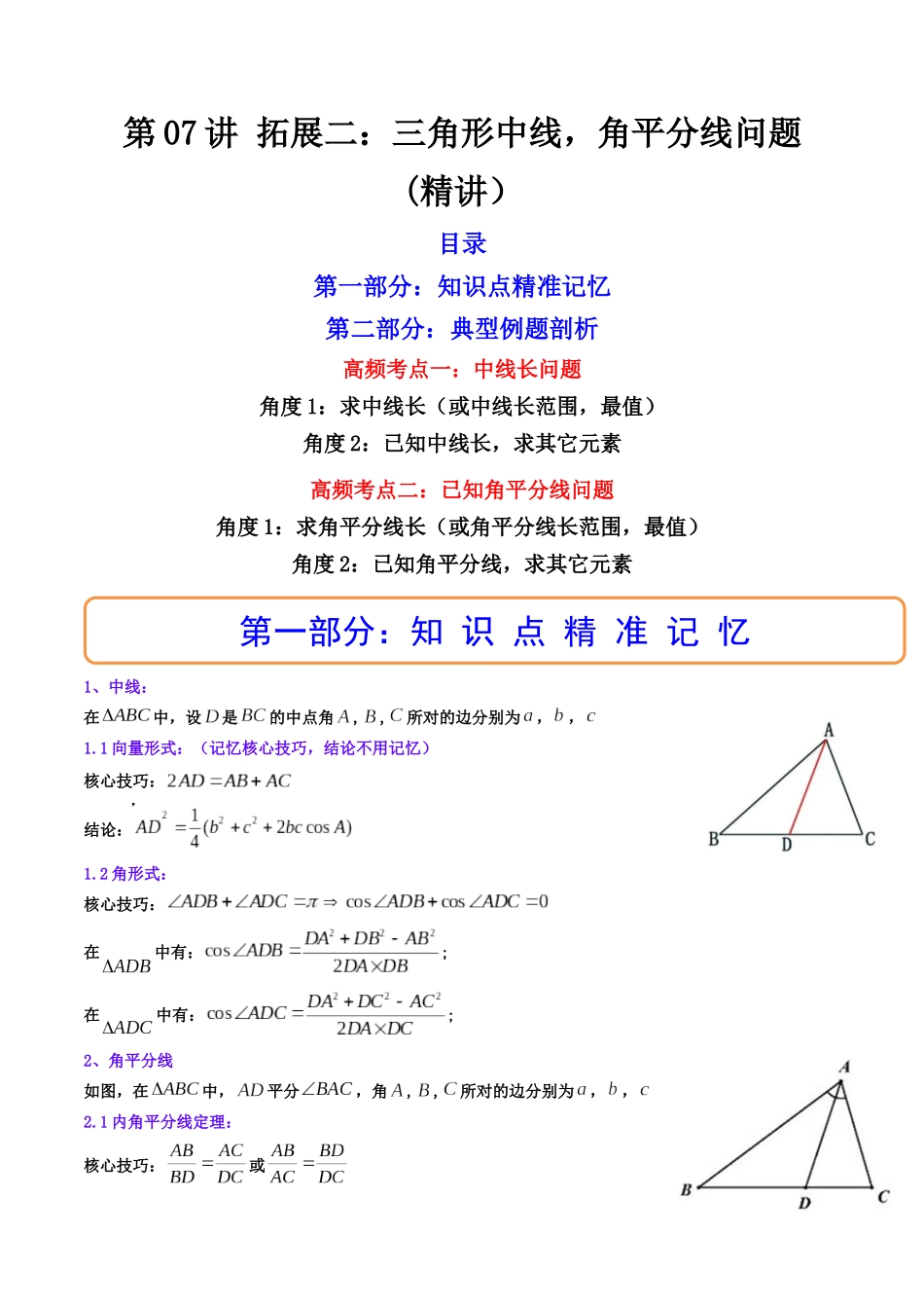 第07讲 拓展二：三角形中线，角平分线问题 (高频考点—精讲）（解析版）.docx_第1页