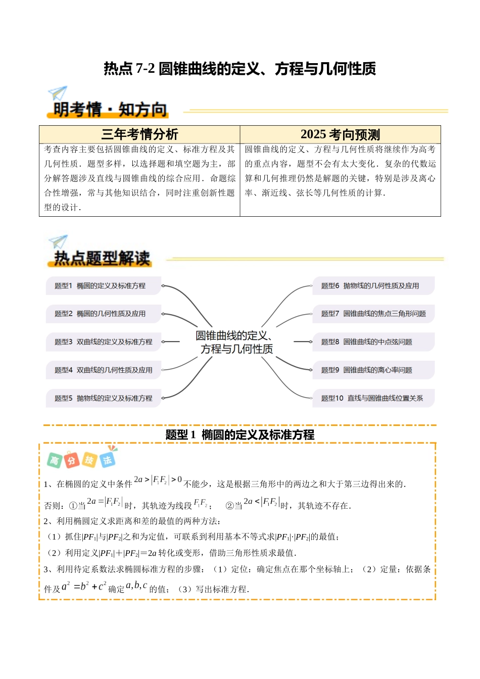 热点7-2 圆锥曲线的定义、方程与几何性质（10题型+高分技法+限时提升练）（学生版）.docx_第1页