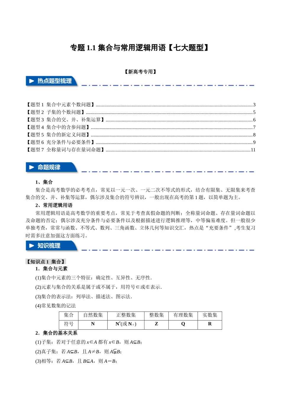 专题1.1 集合与常用逻辑用语【七大题型】(举一反三)(新高考专用)(解析版).docx_第1页