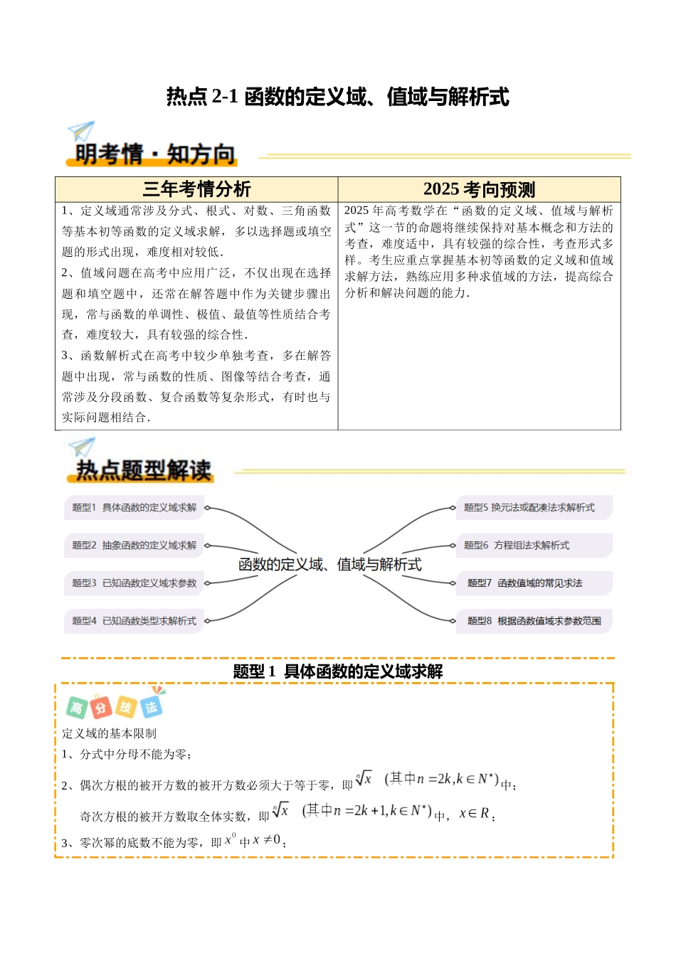 热点2-1 函数的定义域、值域与解析式（8题型+高分技法+限时提升练）（解析版）.docx_第1页