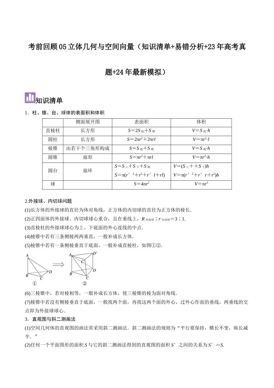 考前回顾05立体几何与空间向量(知识清单+易错分析+23年高考真题+24年最新模拟)原卷版.docx_第1页