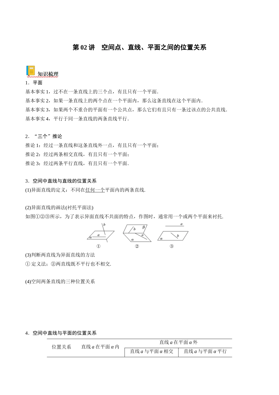 第02讲 空间点、直线、平面之间的位置关系（原卷版）.docx_第1页