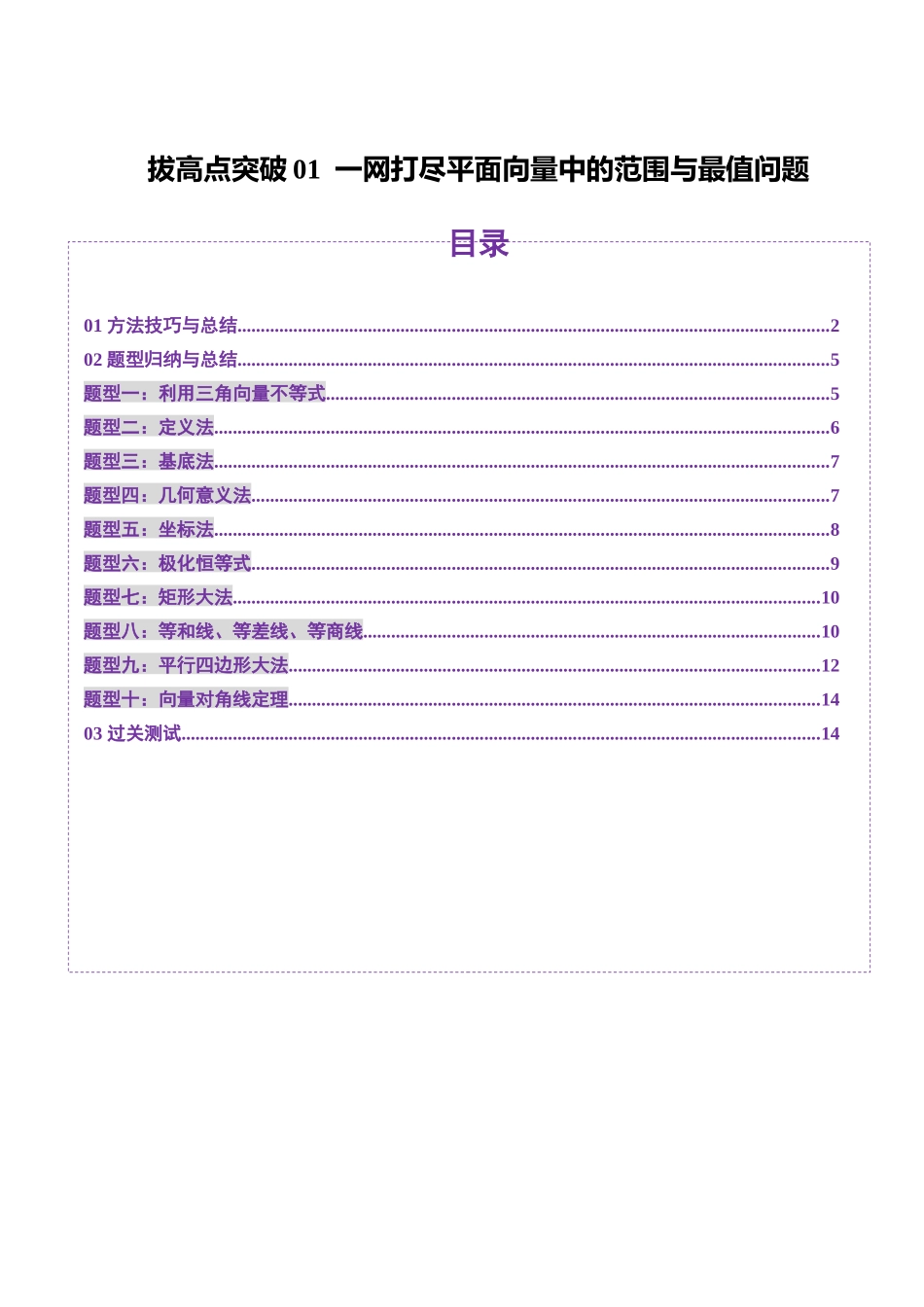 拔高点突破01 一网打尽平面向量中的范围与最值问题（十大题型）（学生版）.docx_第1页