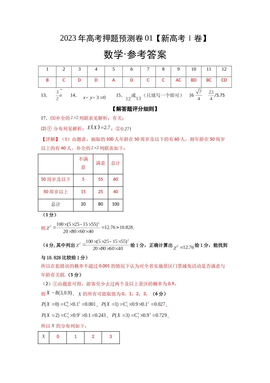 2023年高考押题预测卷01（新高考Ⅰ卷）-数学（参考答案）.docx_第1页